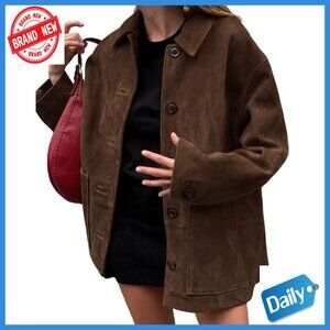 Faux Suede Leather Boyfriend Shacket Coat Midi Long Button Down Relaxed Fit